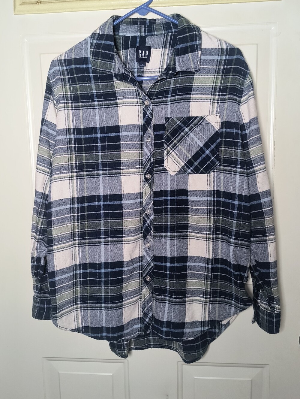 Gap Blue White Long Sleeve HIGH LOW Gorpcore Flannel Size Large Westernwear.